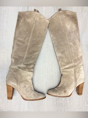 Isabel Marant Taupe Suede Knee High Stacked Heel Pull On Western Boots EU 40